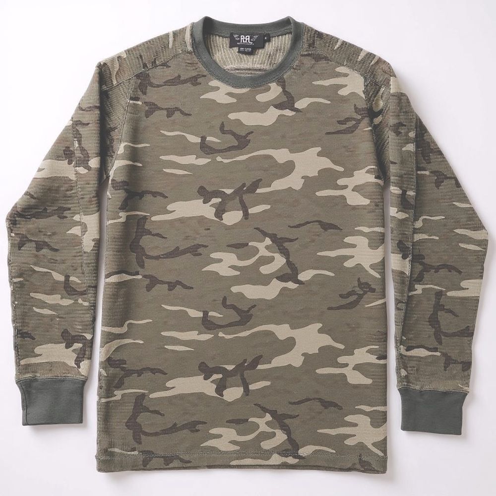 Ralph Lauren RRL Cotton Olive Camo Long Sleeve Thermal Waffle-Knit Tee Shirt - Picture 2 of 16